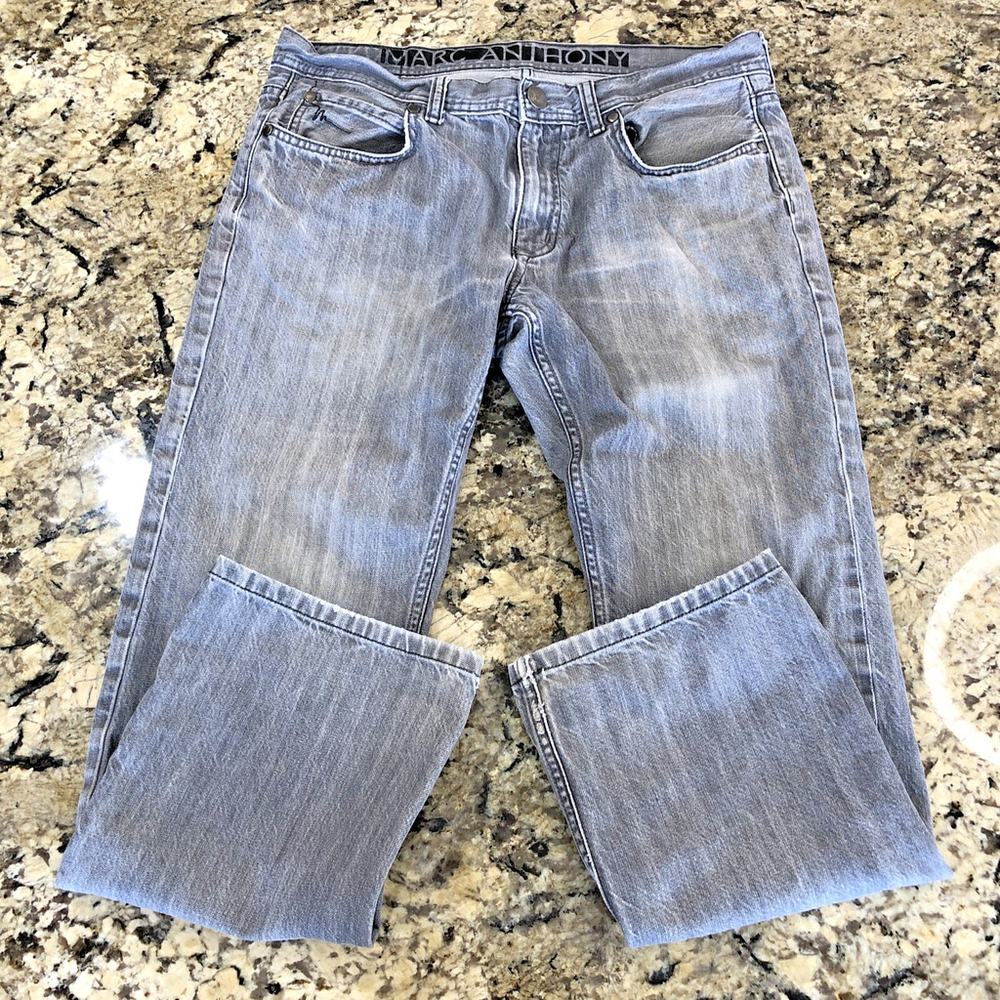 Size 34 X 27.5 Marc Anthony Mens Jeans Faded Black Denim Distressed Hemmed IN